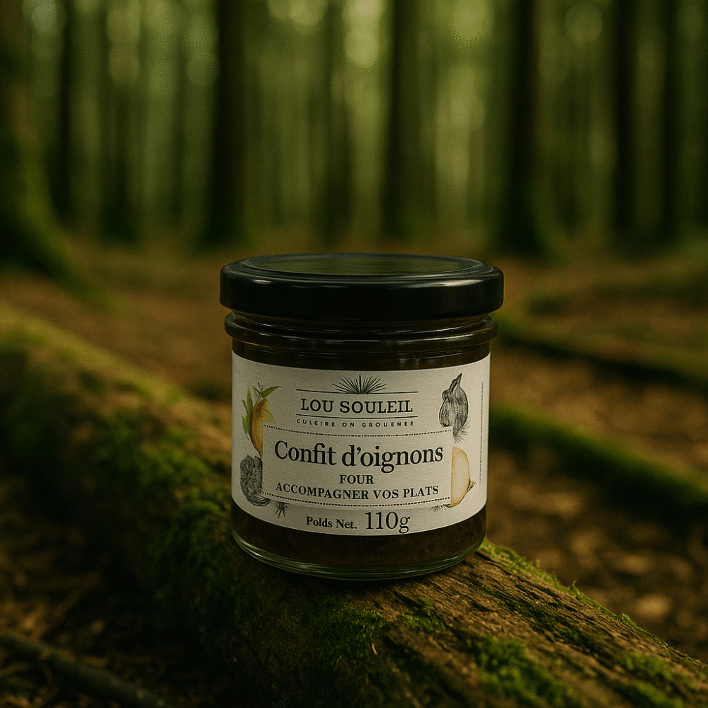 Lou Souleïl Confit d’oignons – konfitura z cebuli 110 g w lesie na drewnianym pniu.