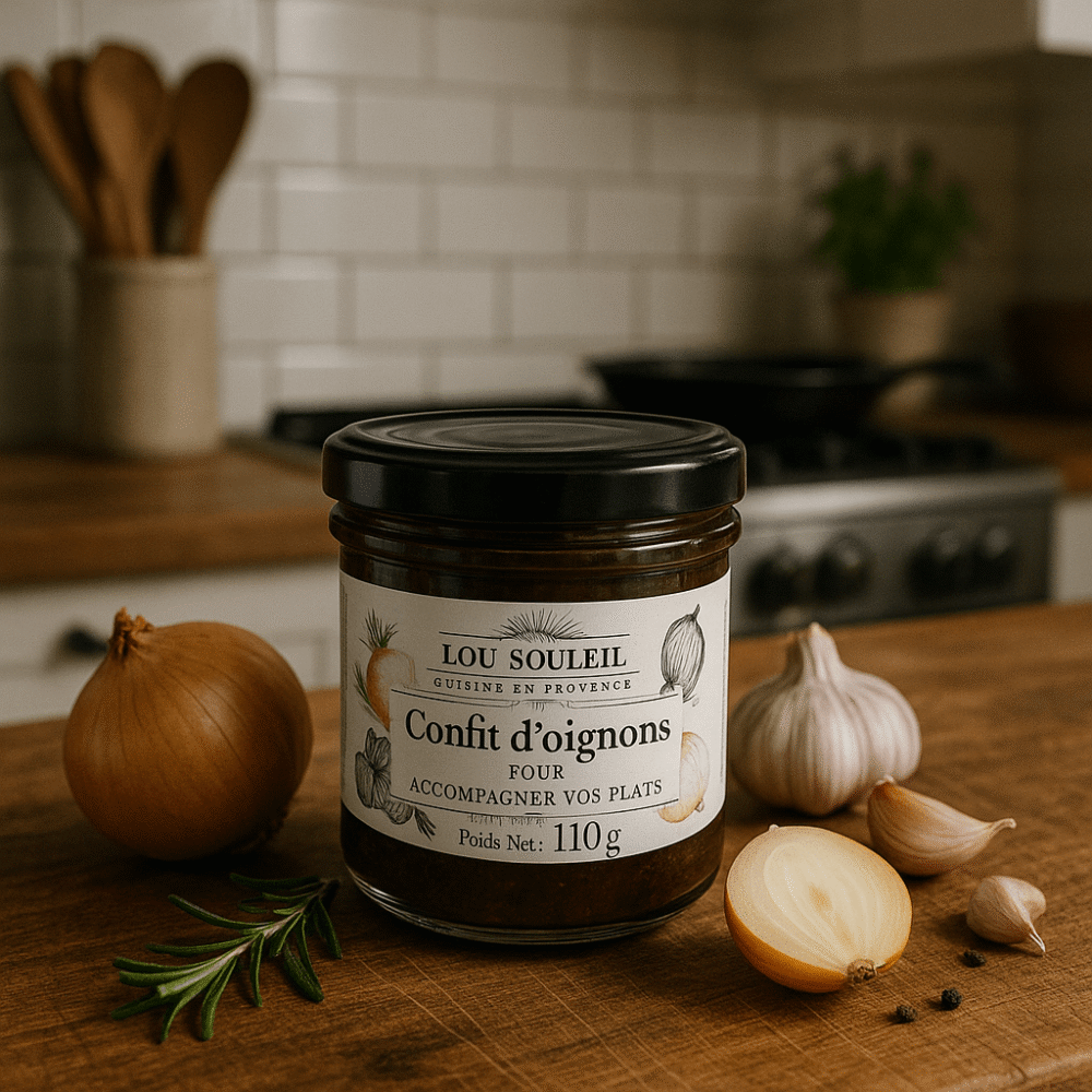 Lou Souleïl Confit d’oignons – konfitura z cebuli 110 g na kuchennym blacie z czosnkiem i rozmarynem.