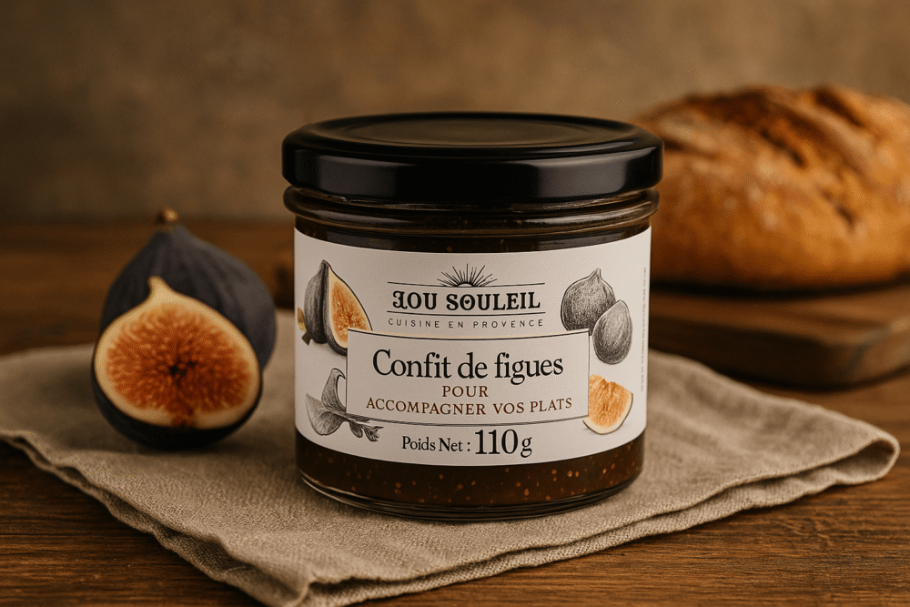 Lou Souleïl Confit de figues – konfitura z fig 110 g na lnianej serwetce, z kawałkiem świeżej figi i pieczywem w tle.