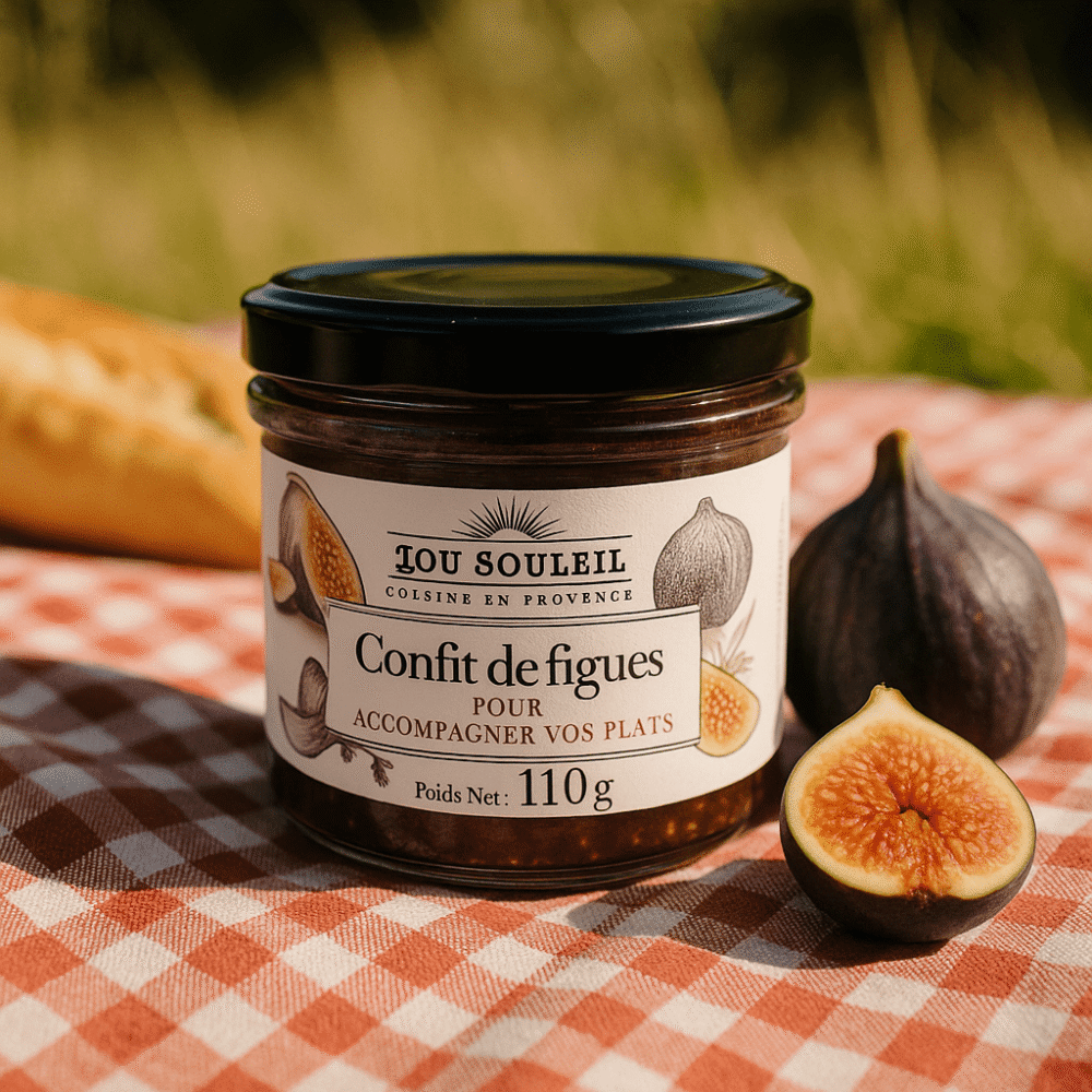 Słoik Lou Souleïl Confit de figues 110 g na czerwono-białym obrusie w plenerze, obok świeżej figi i bagietki.