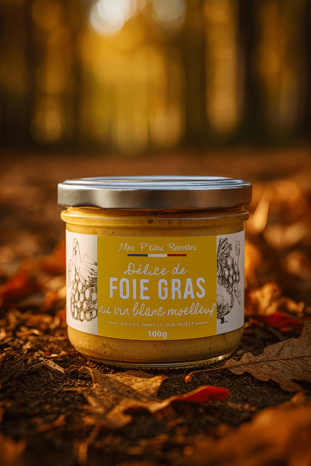 Słoik Mes P’tites Recettes Délice de Foie Gras au vin blanc moelleux w jesiennym świetle na tle liści.