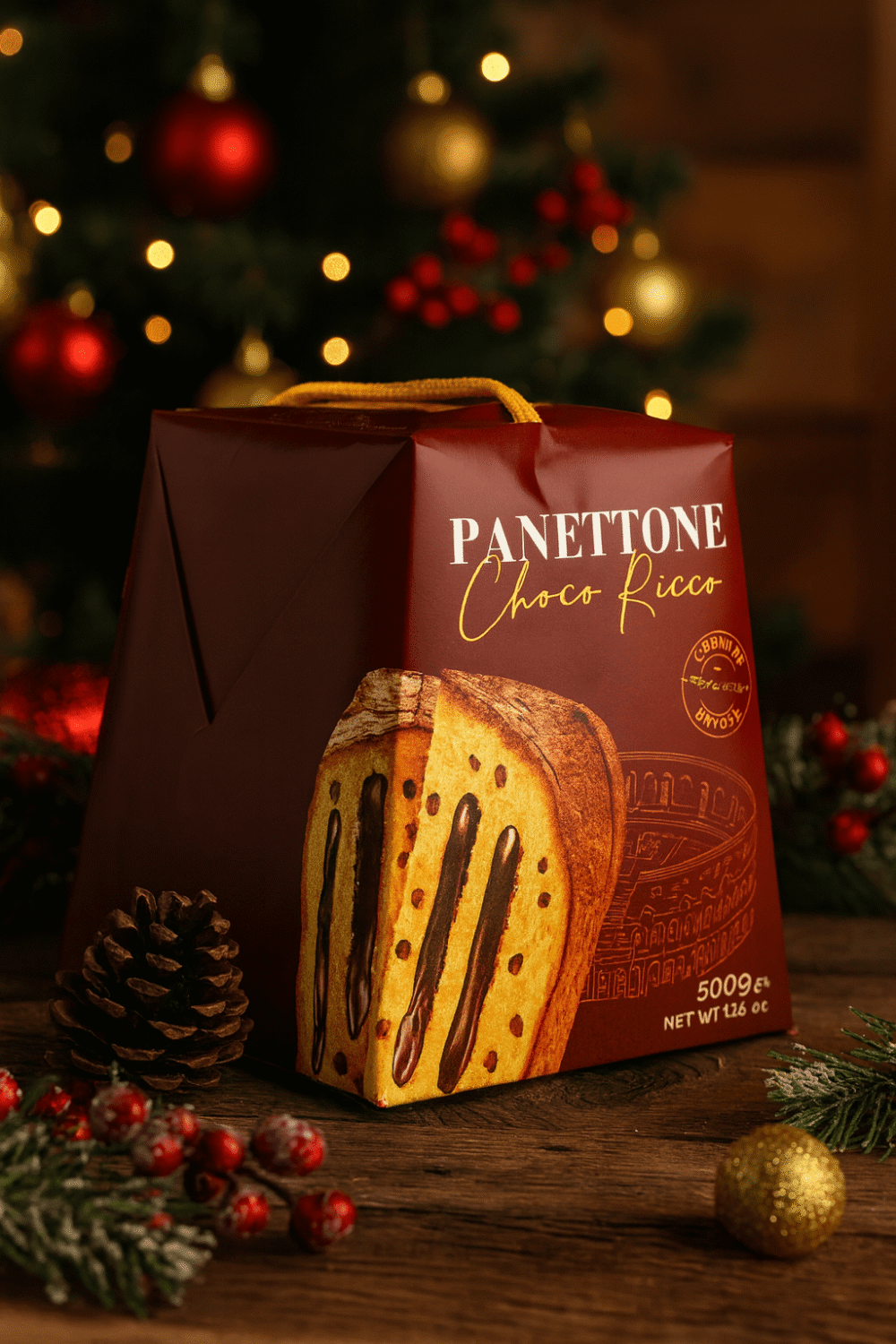 Opakowanie świątecznego panettone o smaku czekoladowym „Panettone Choco Ricco” ustawione na drewnianym stole, w tle choinka z ozdobami i świąteczne dekoracje.