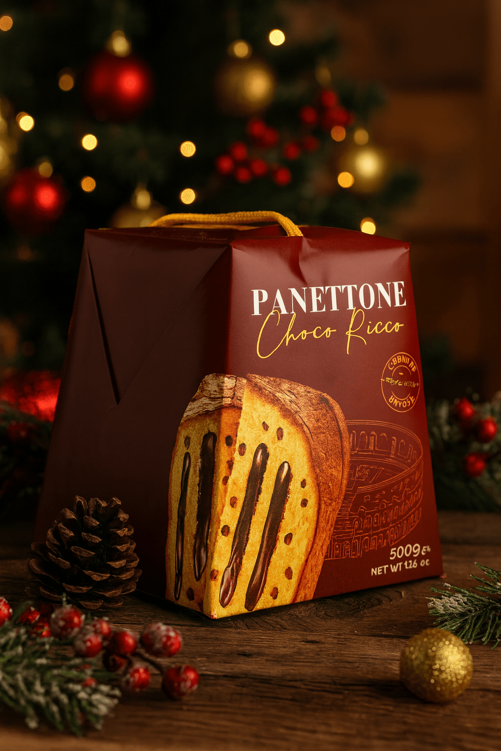 Opakowanie świątecznego panettone o smaku czekoladowym „Panettone Choco Ricco” ustawione na drewnianym stole, w tle choinka z ozdobami i świąteczne dekoracje.