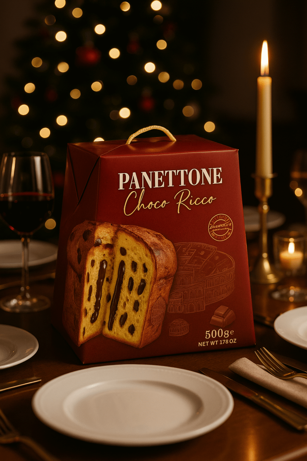 Opakowanie panettone Choco Ricco ustawione na świątecznym stole z zapaloną świecą i choinką w tle.