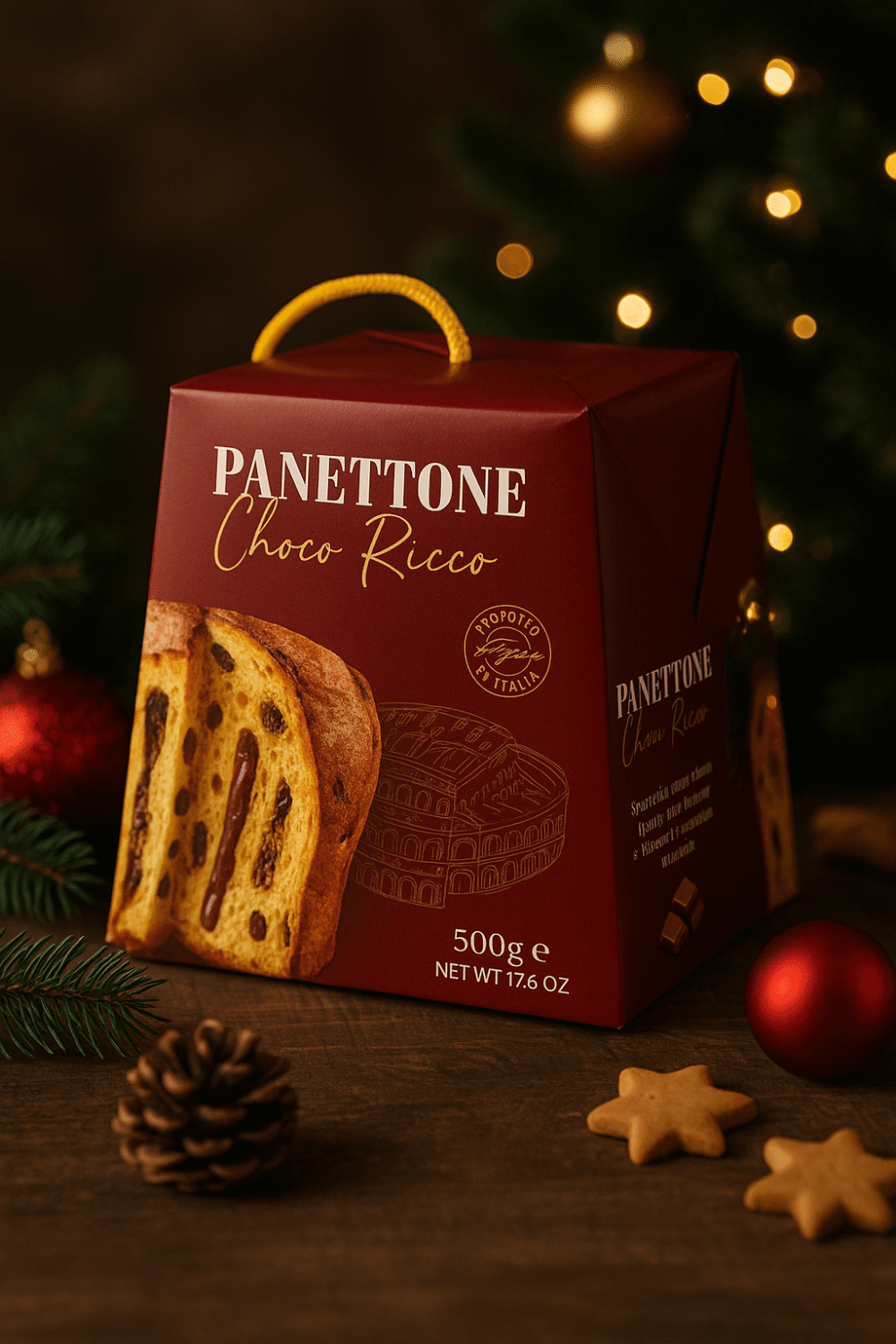 Opakowanie panettone Choco Ricco w świątecznym otoczeniu z choinką i ozdobami.