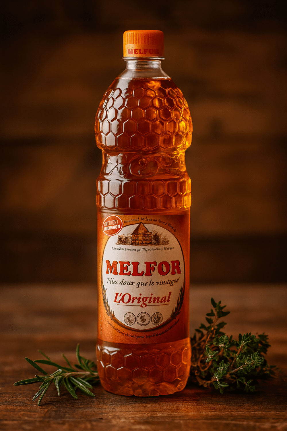 Ocet Miodowo-Ziołowy Melfor Original – francuski ocet o delikatnym smaku z miodem i ekstraktami ziołowymi, idealny do sałatek i sosów.