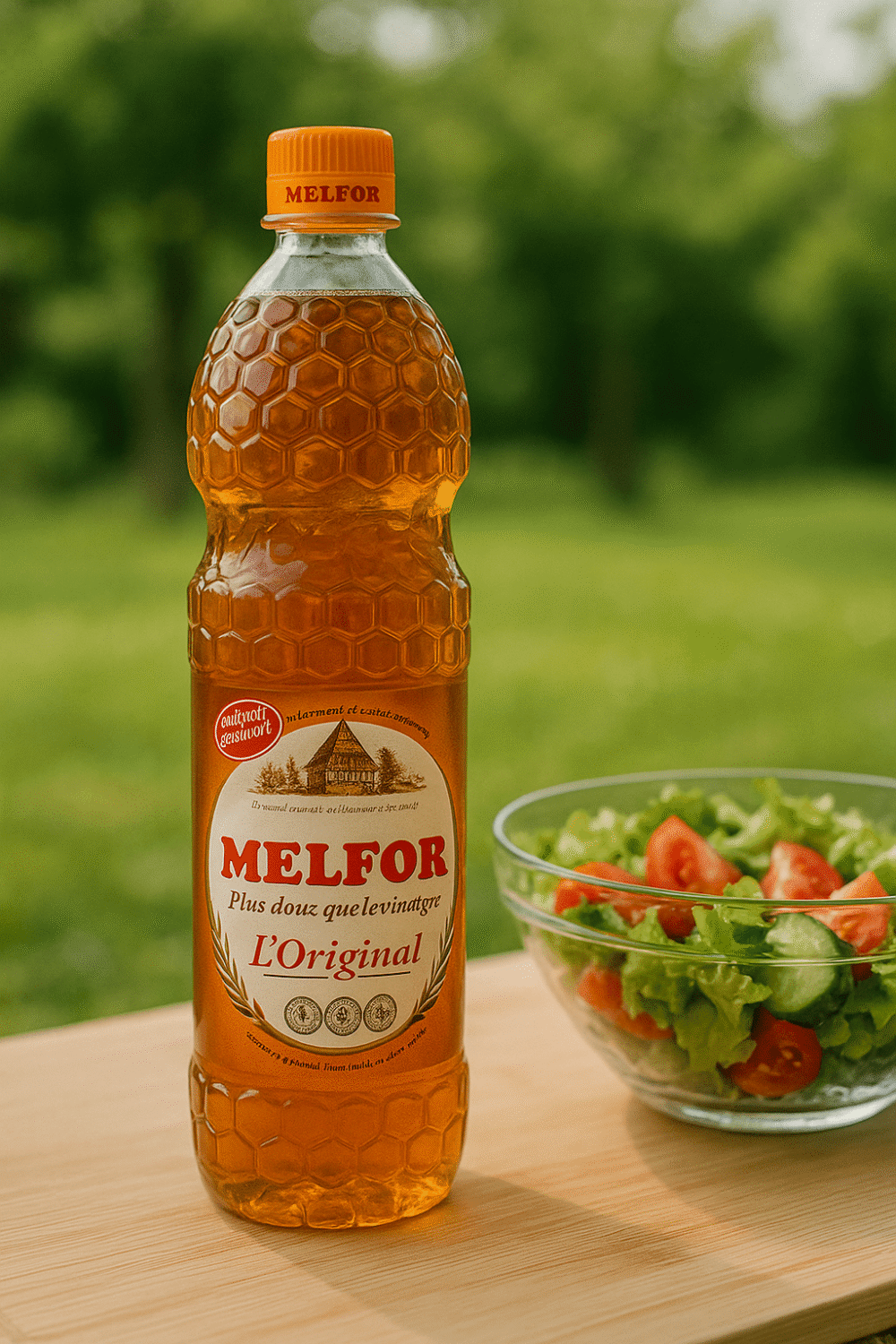 Melfor Original – francuski ocet miodowo-ziołowy w butelce o bursztynowym kolorze, podany na stole z sałatką w tle.