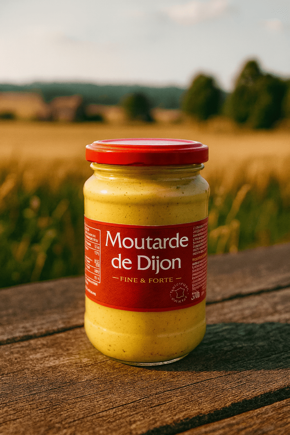 Musztarda Dijon Fine & Forte w słoiku z czerwoną nakrętką, ustawiona na drewnianym stole w naturalnym, słonecznym otoczeniu.