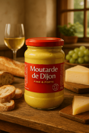 Musztarda Dijon Fine & Forte w słoiku z czerwoną nakrętką, podana na drewnianym stole z bagietką, serem i kieliszkiem białego wina.