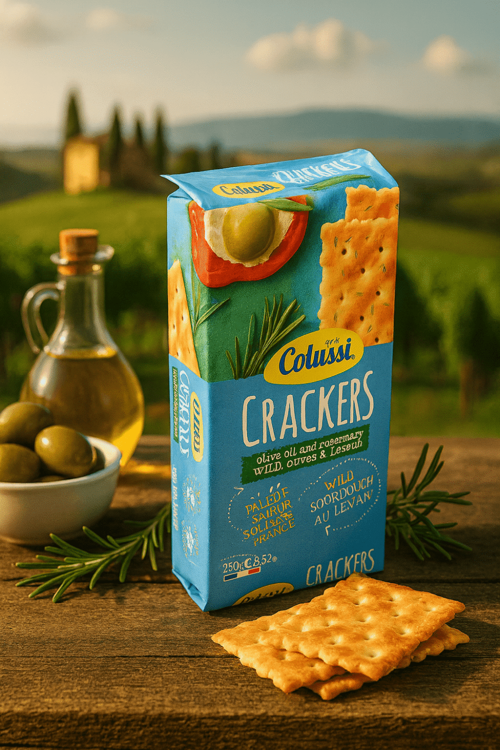 Colussi Crackers z oliwą z oliwek i rozmarynem w niebieskim opakowaniu, na drewnianym stole z oliwkami, gałązkami rozmarynu i karafką oliwy w tle włoskiego krajobrazu.