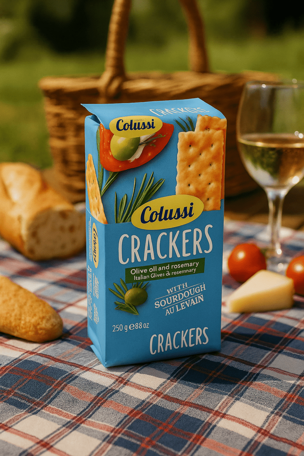 Colussi Crackers z oliwą z oliwek i rozmarynem w niebieskim opakowaniu, ustawione na piknikowym kocu z winem, bagietką i pomidorkami.