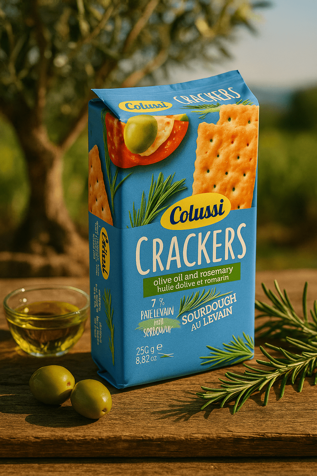 Colussi Crackers z oliwą z oliwek i rozmarynem w niebieskim opakowaniu, na drewnianym stole z oliwkami i gałązkami rozmarynu.