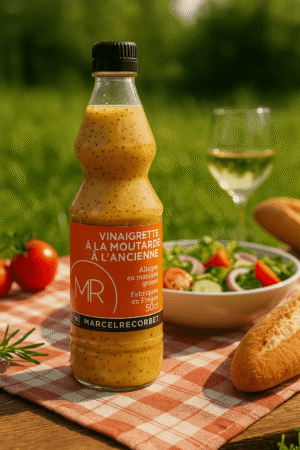 Francuski sos winegret Marcel Recorbet z musztardą ziarnistą w butelce na piknikowym stole z sałatką, pomidorkami i bagietką.