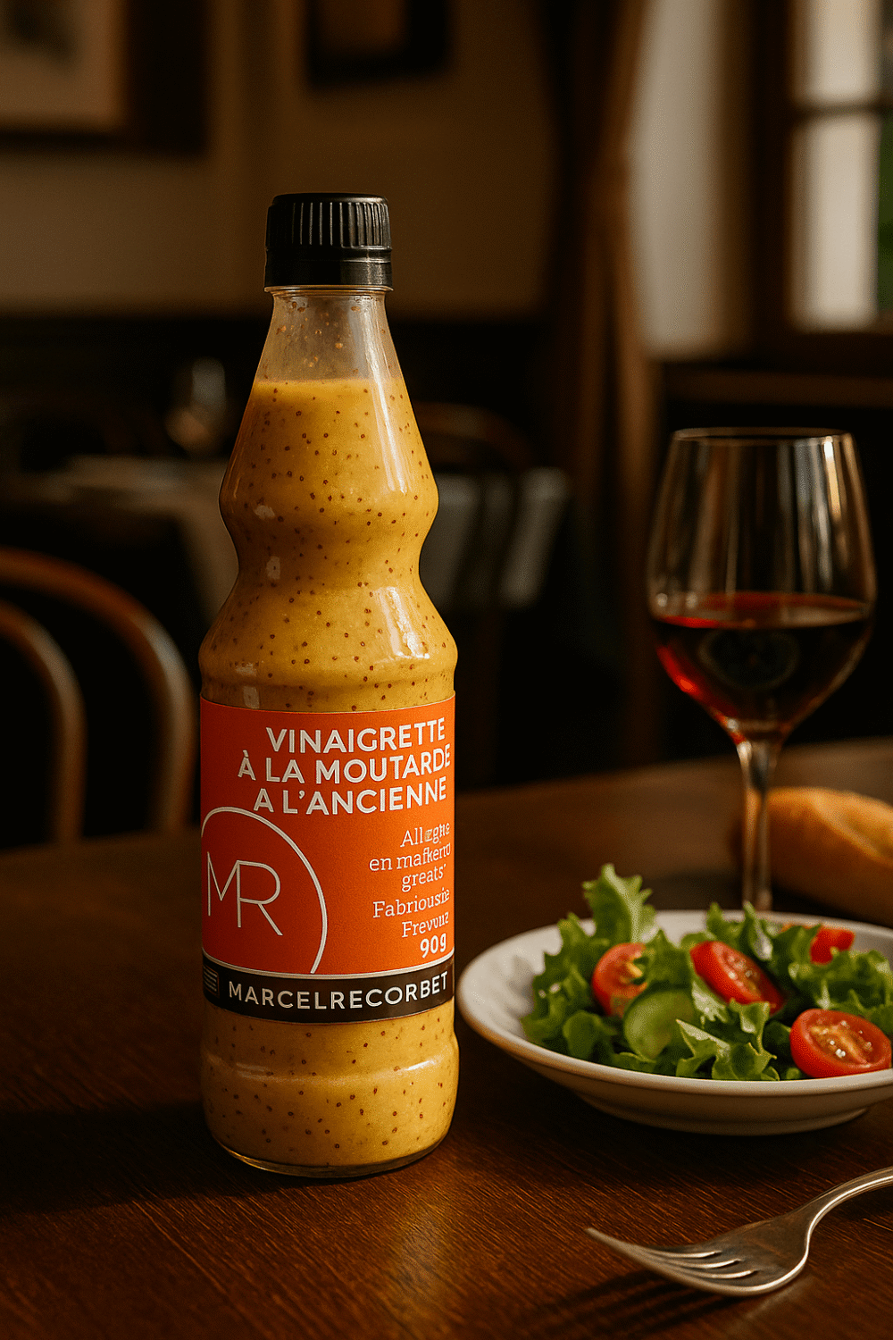 Butelka sosu Marcel Recorbet Vinaigrette à la Moutarde à l’Ancienne na stole z sałatką i kieliszkiem czerwonego wina w eleganckim wnętrzu restauracji.