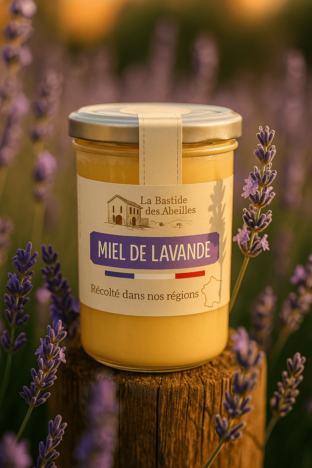 Słoik francuskiego miodu lawendowego La Bastide des Abeilles ustawiony wśród kwitnącej lawendy o zachodzie słońca.
