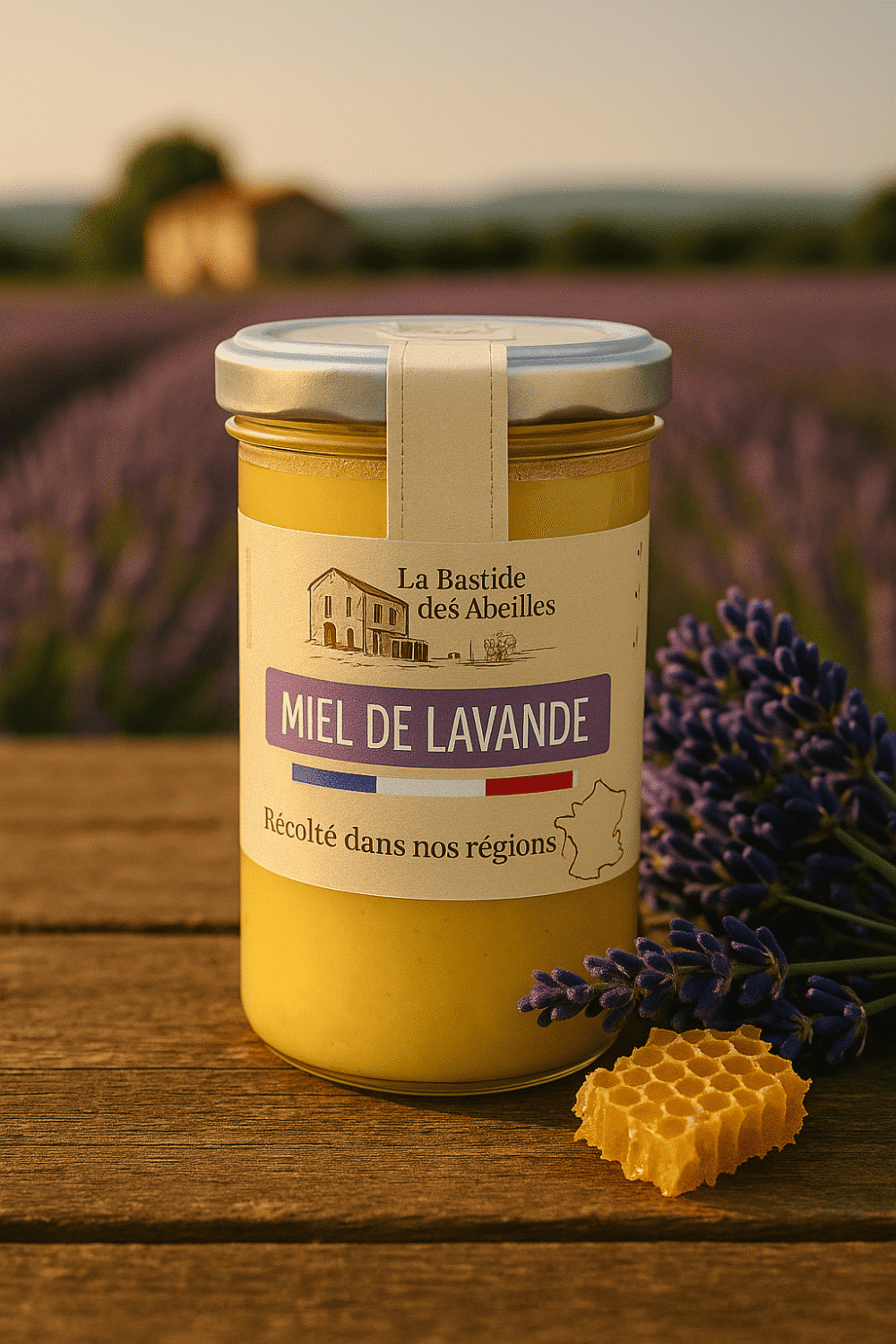 Słoik francuskiego miodu lawendowego La Bastide des Abeilles na drewnianym stole z gałązkami lawendy i plastrem miodu, w tle prowansalskie pola lawendy o zachodzie słońca.