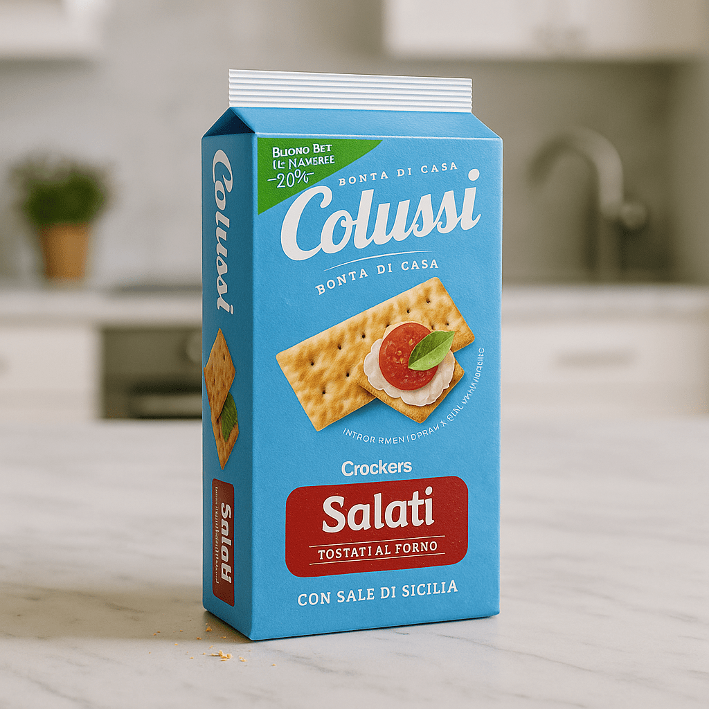 Opakowanie włoskich krakersów Colussi Salati z solą z Sycylii stojące na marmurowym blacie w jasnej kuchni.