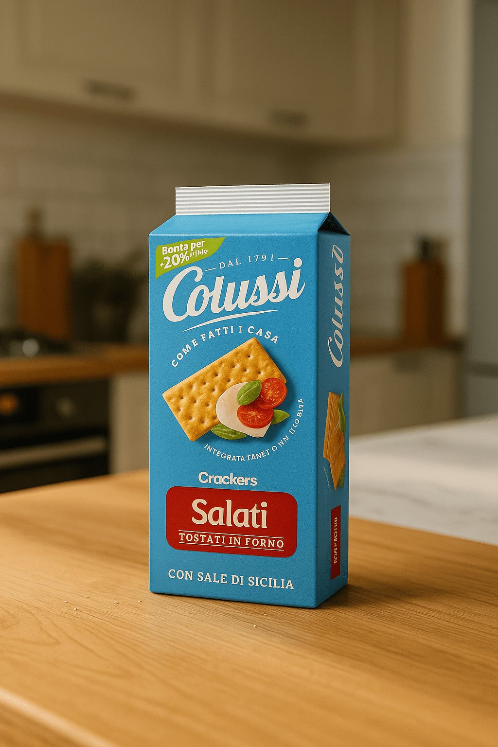 Opakowanie włoskich krakersów Colussi Salati z solą z Sycylii stojące na drewnianym blacie w domowej kuchni.