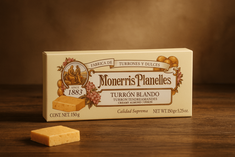 Luksusowe ujęcie pudełka Monerris Planelles Turrón Blando na drewnianym stole, z eleganckim oświetleniem i ciemnym tłem.