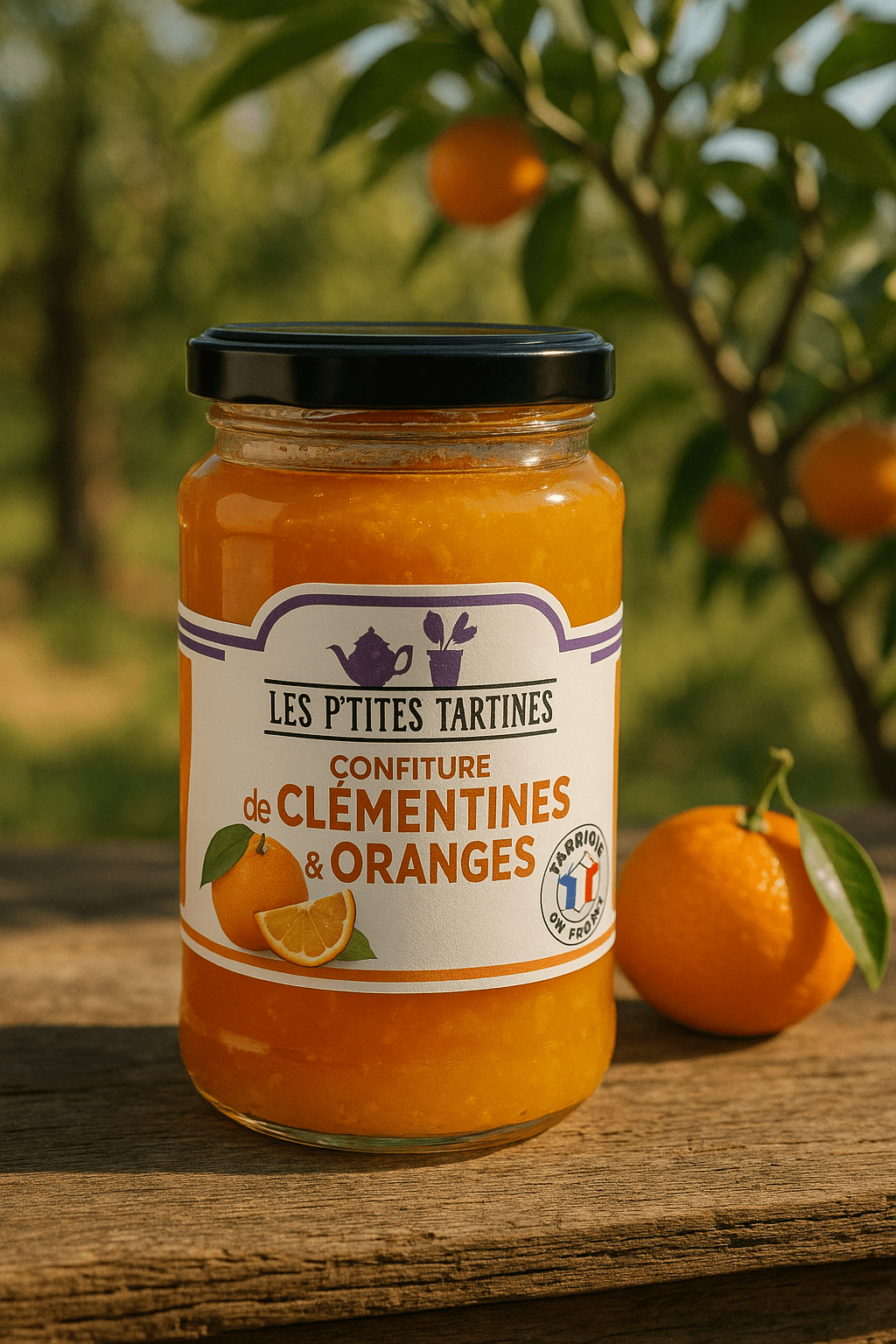 Słoik konfitury Les P’tites Tartines z klementynek i pomarańczy, sfotografowany w sadzie cytrusowym w naturalnym świetle.