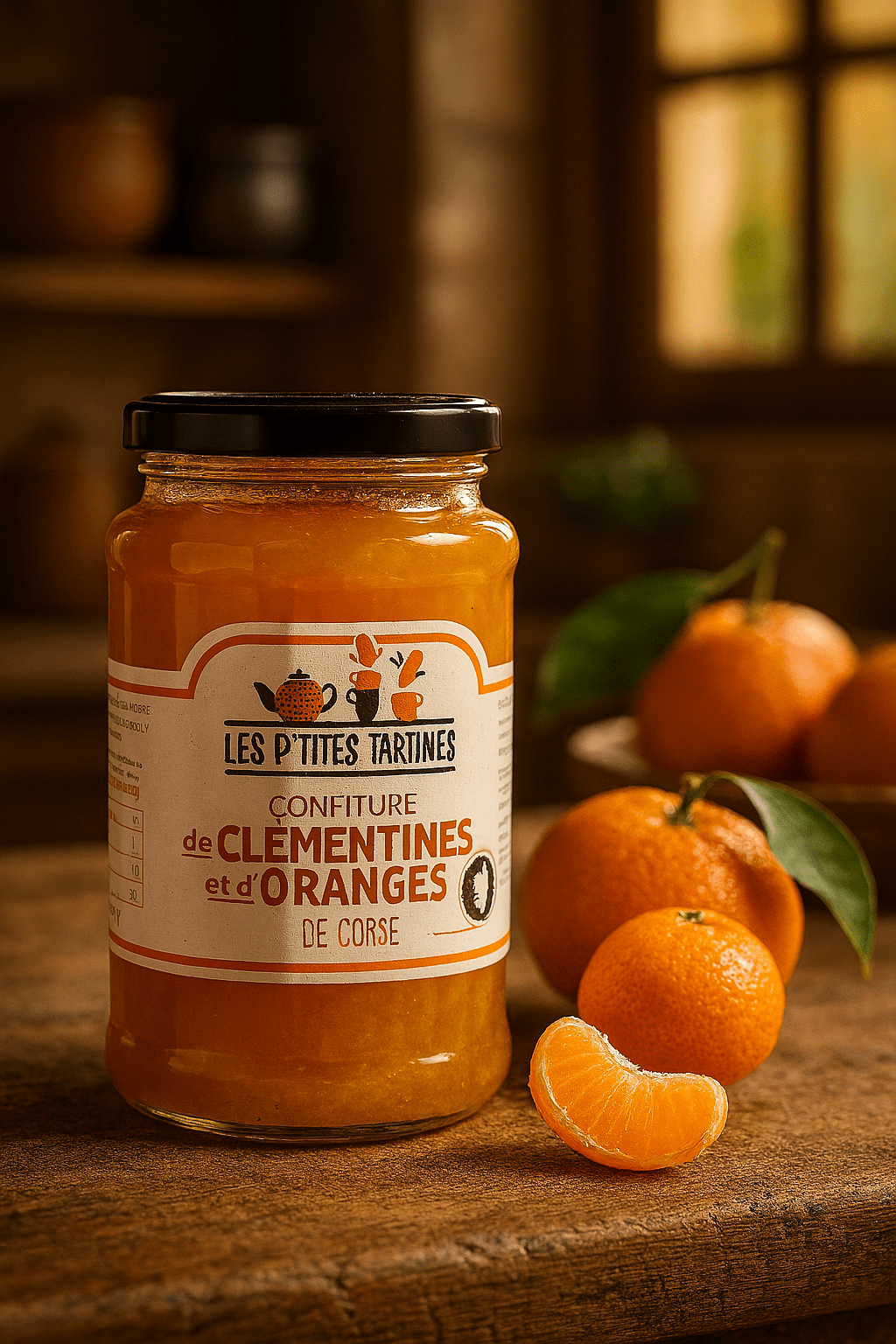 Słoik konfitury Les P’tites Tartines z klementynek i pomarańczy z Korsyki, ustawiony na drewnianym stole w ciepłym, złotym świetle z owocami w tle.