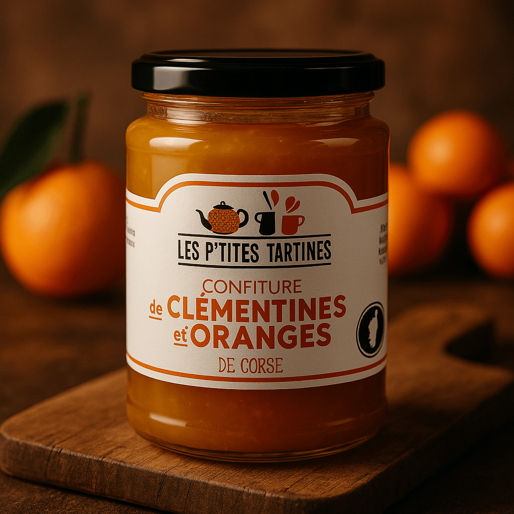 Słoik dżemu Les P’tites Tartines Confiture de Clémentines et d’Oranges de Corse na drewnianej desce.