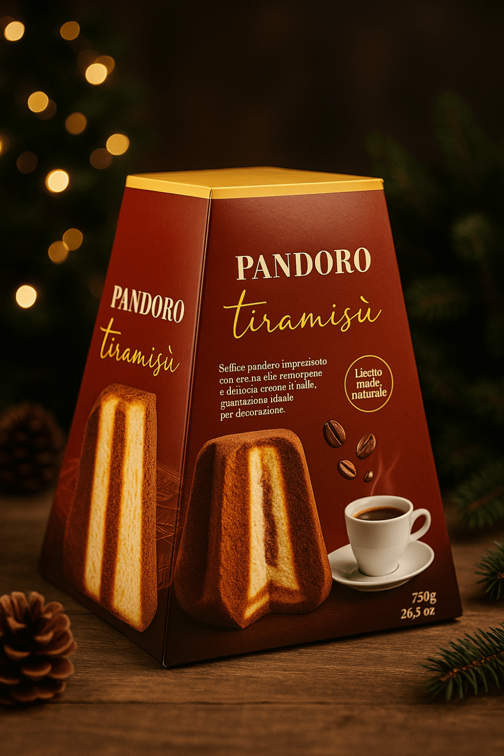 Opakowanie pandoro tiramisù ustawione na drewnianym stole w świątecznym otoczeniu z choinką w tle.