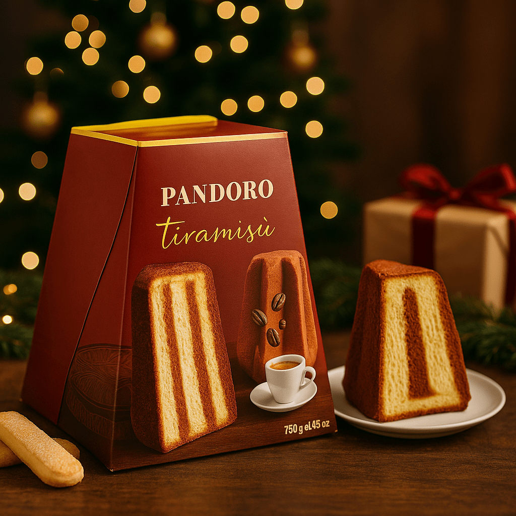 Opakowanie pandoro tiramisù z kawałkiem ciasta na talerzyku, ustawione w świątecznym otoczeniu z choinką i prezentem w tle.