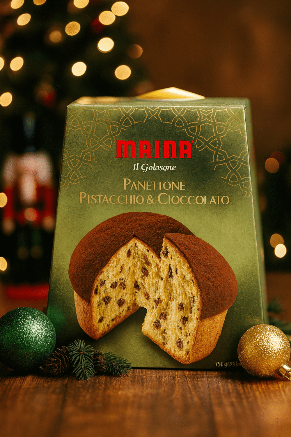 Opakowanie panettone pistacchio e cioccolato marki Maina w świątecznym otoczeniu z choinką w tle.