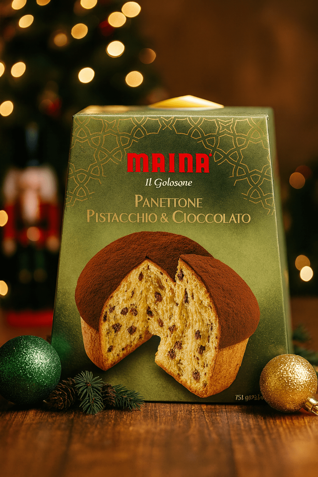 Opakowanie panettone pistacchio e cioccolato marki Maina w świątecznym otoczeniu z choinką w tle.