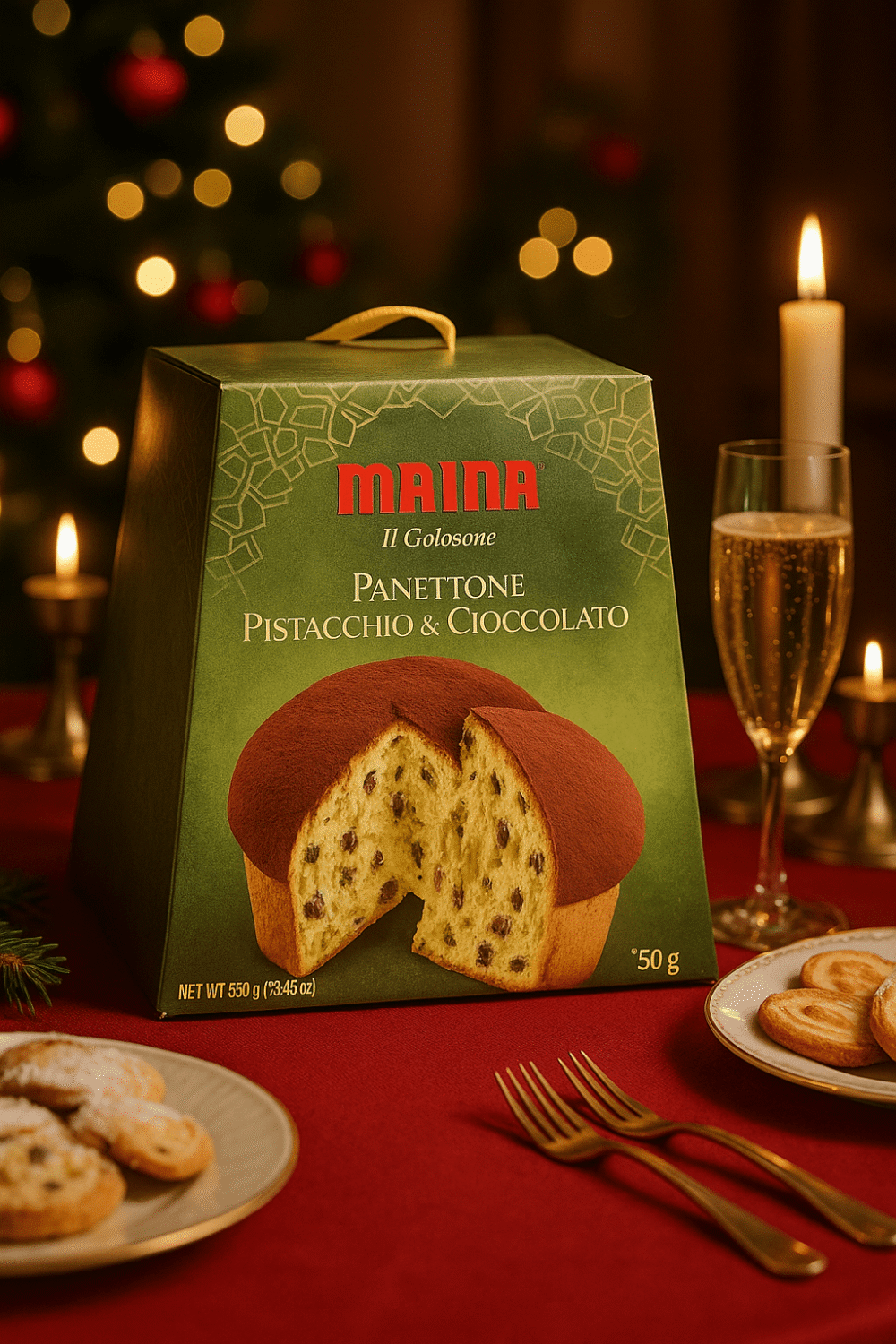 Opakowanie panettone pistacchio e cioccolato marki Maina na świątecznym stole z zapalonymi świecami i kieliszkiem szampana.